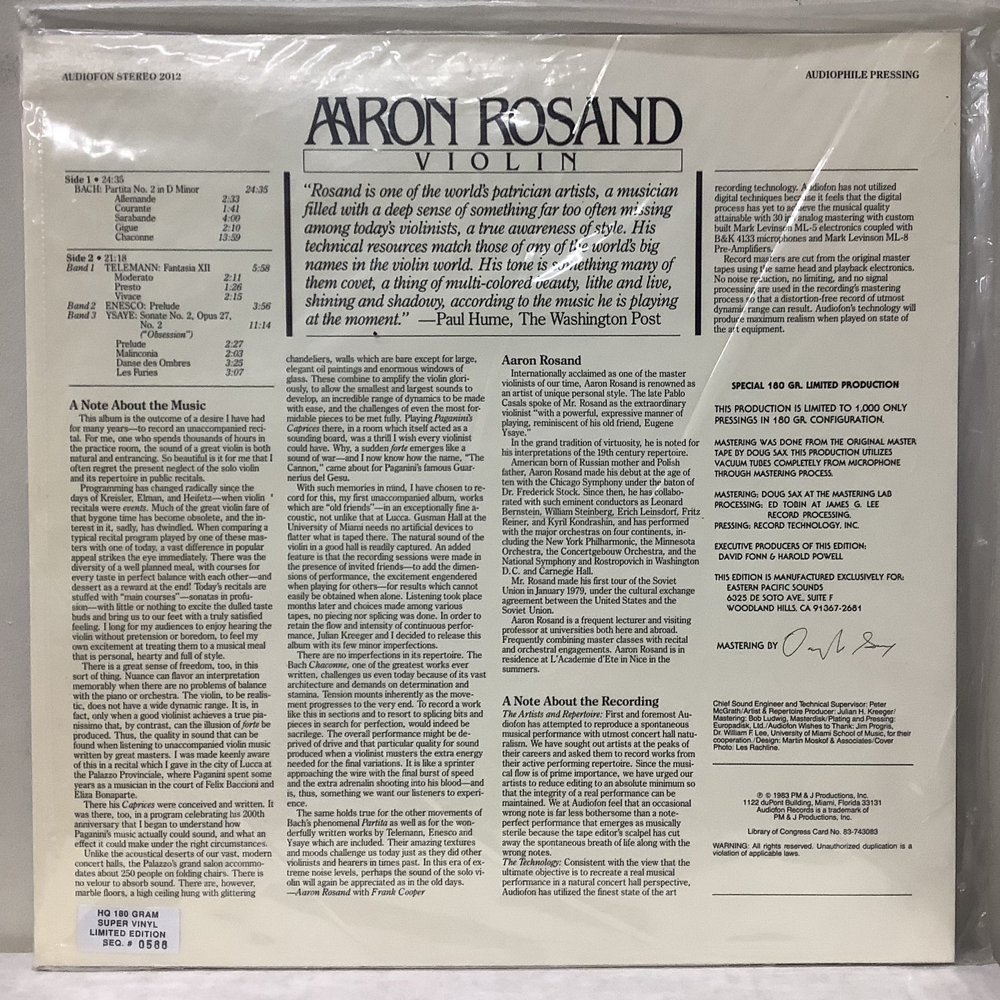 Aaron Rosand - Violin - Audiofon LP