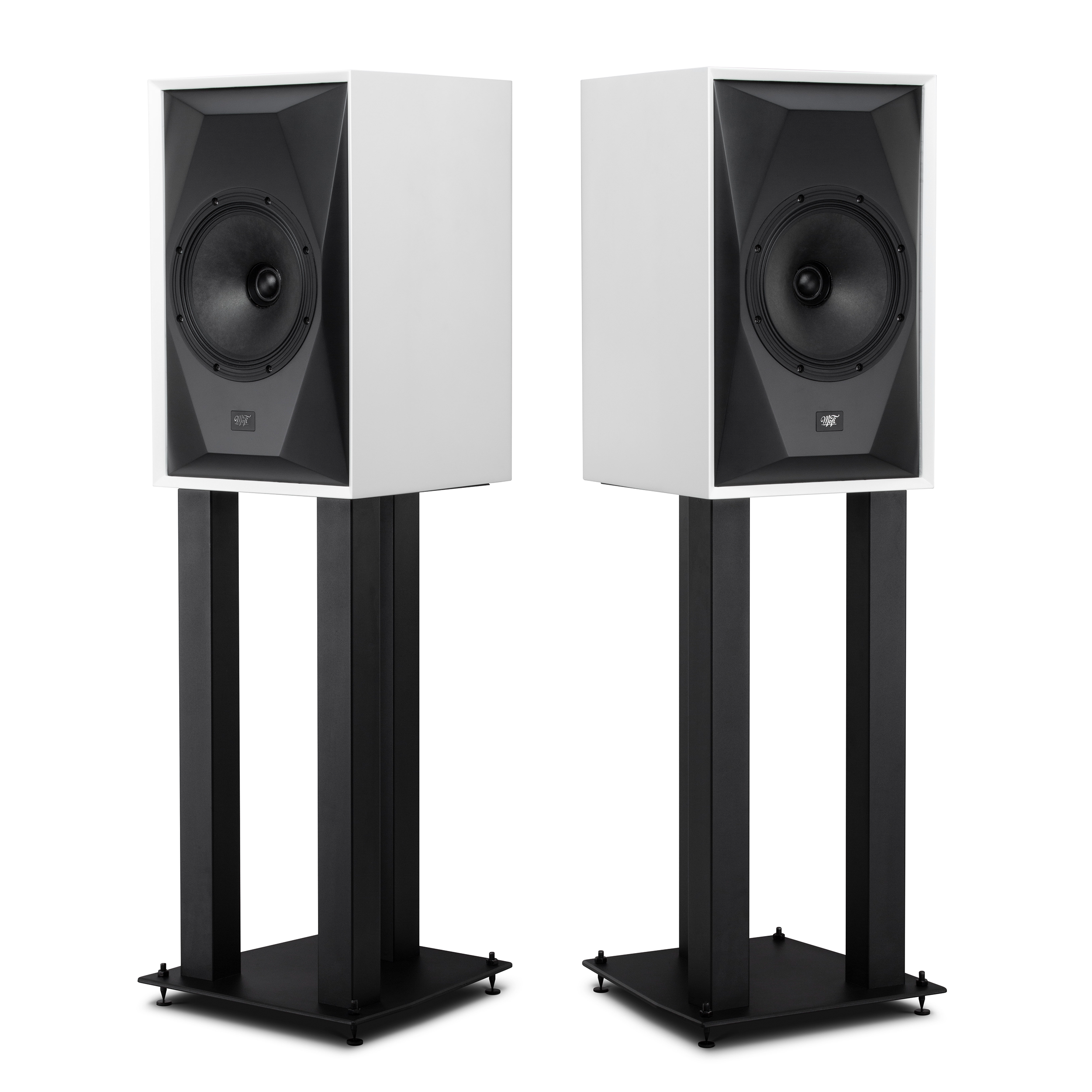 MoFi SourcePoint 8 White speakers on SourcePoint 8 stands