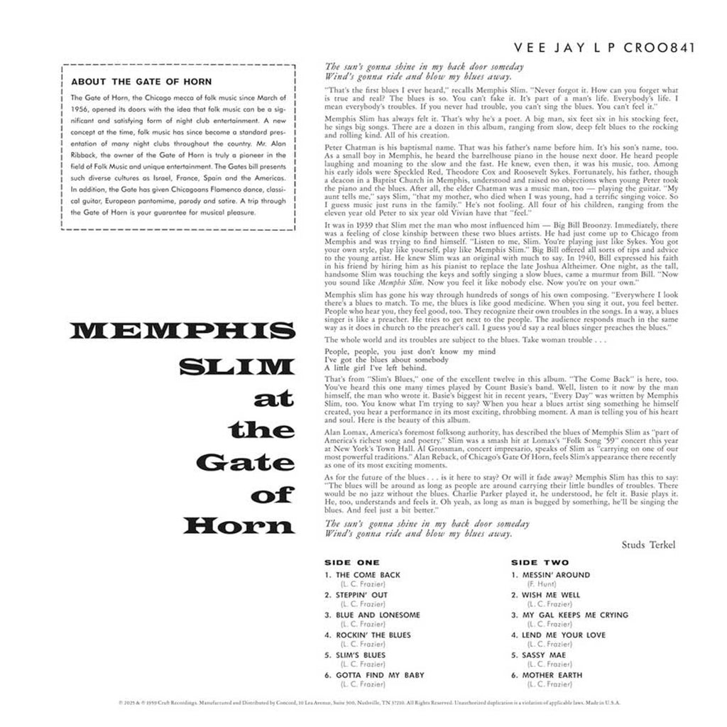 Memphis Slim - At the Gate of Horn - Bluesville Acoustic Sounds Series  LP