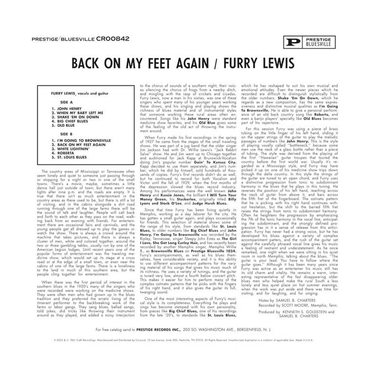 Furry Lewis - Back on My Feet Again - Bluesville Acoustic Sounds Series LP