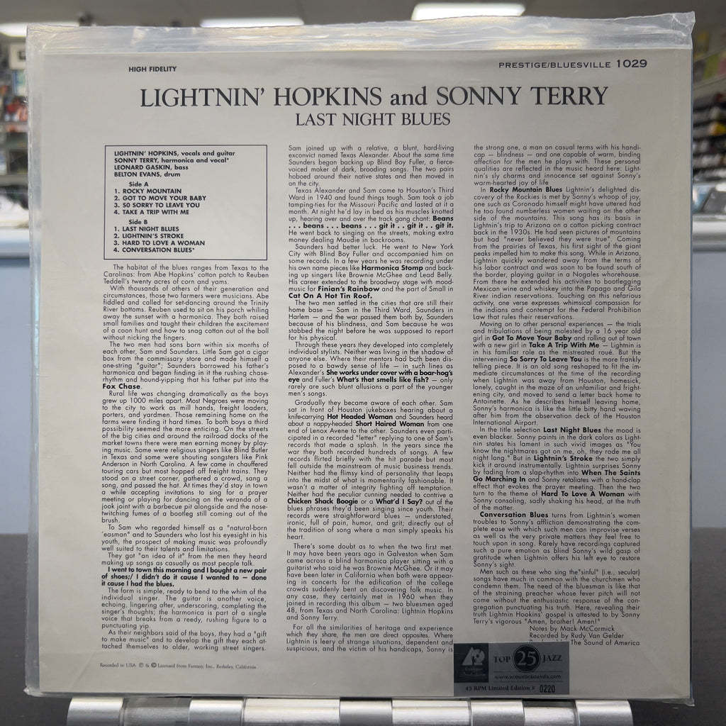 Lightnin' Hopkins With Sonny Terry - Last Night Blues - Analogue Productions 45rpm LP
