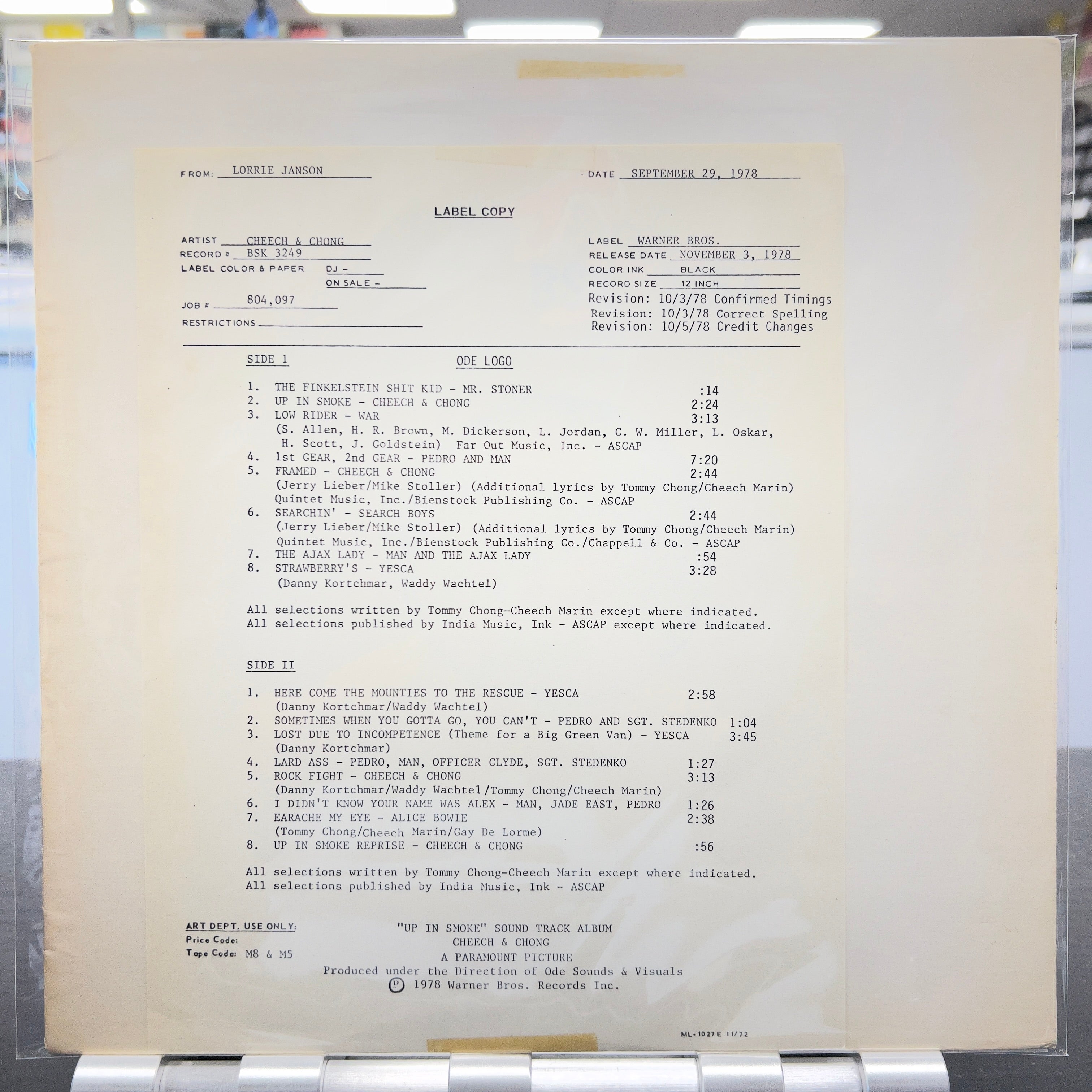 Cheech & Chong – Up In Smoke - Test Pressing LP