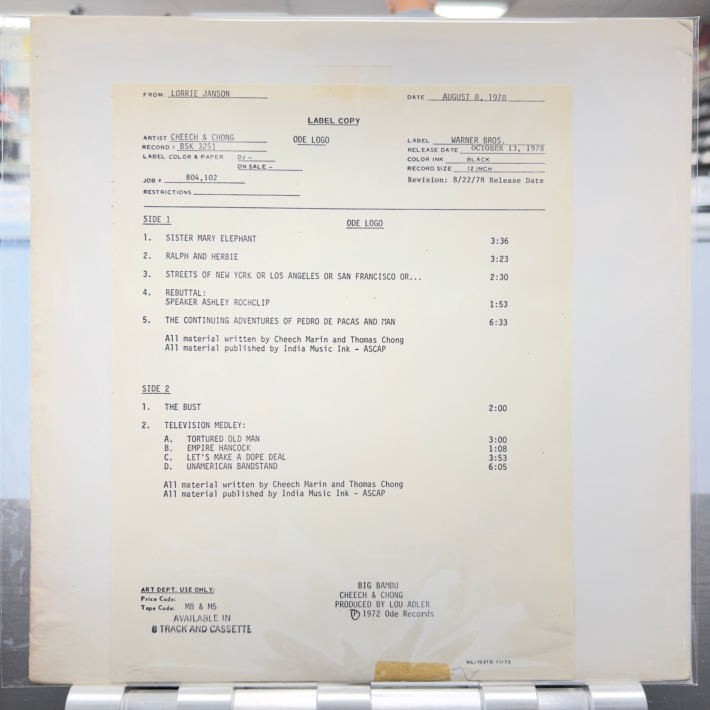 Cheech & Chong - Big Bambu - Test Pressing LP