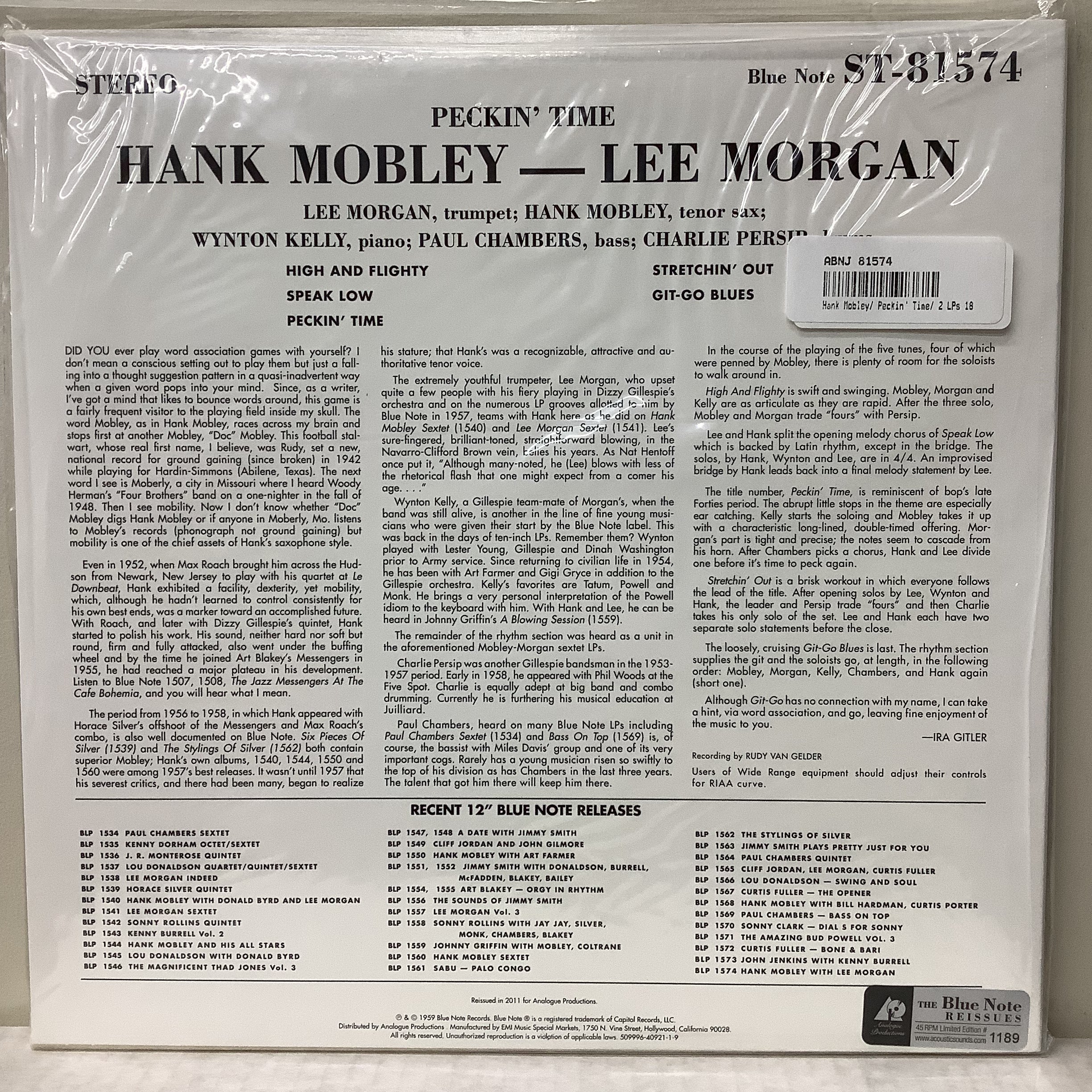 Hank Mobley/Lee Morgan - Peckin' Time - Analogue Productions 45RPM 2x LP