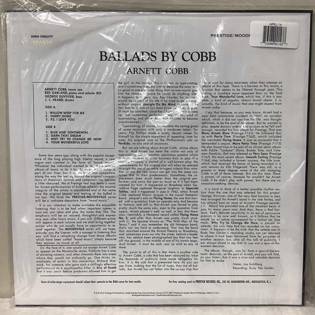 Arnett Cobb - Ballads By Cobb - Analogue Productions (2015) LP