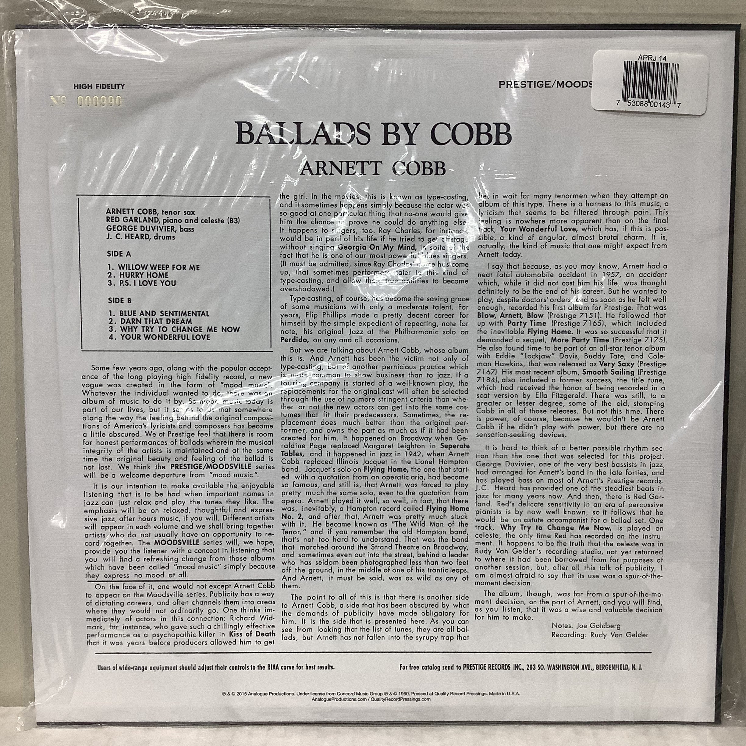 Arnett Cobb - Ballads By Cobb - Analogue Productions (2015) LP