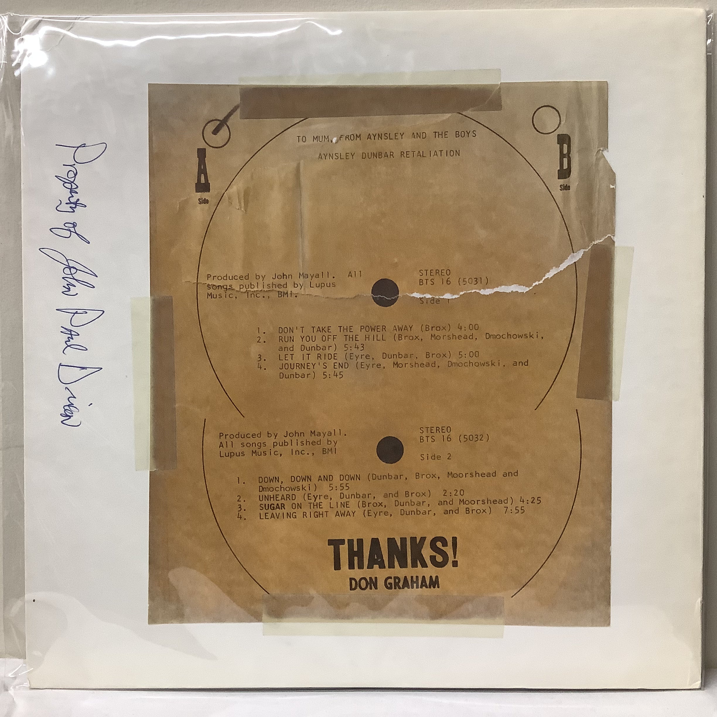 Aynsley Dunbar Retaliation - To Mum from Aynsley and the Boys - Test Pressing LP
