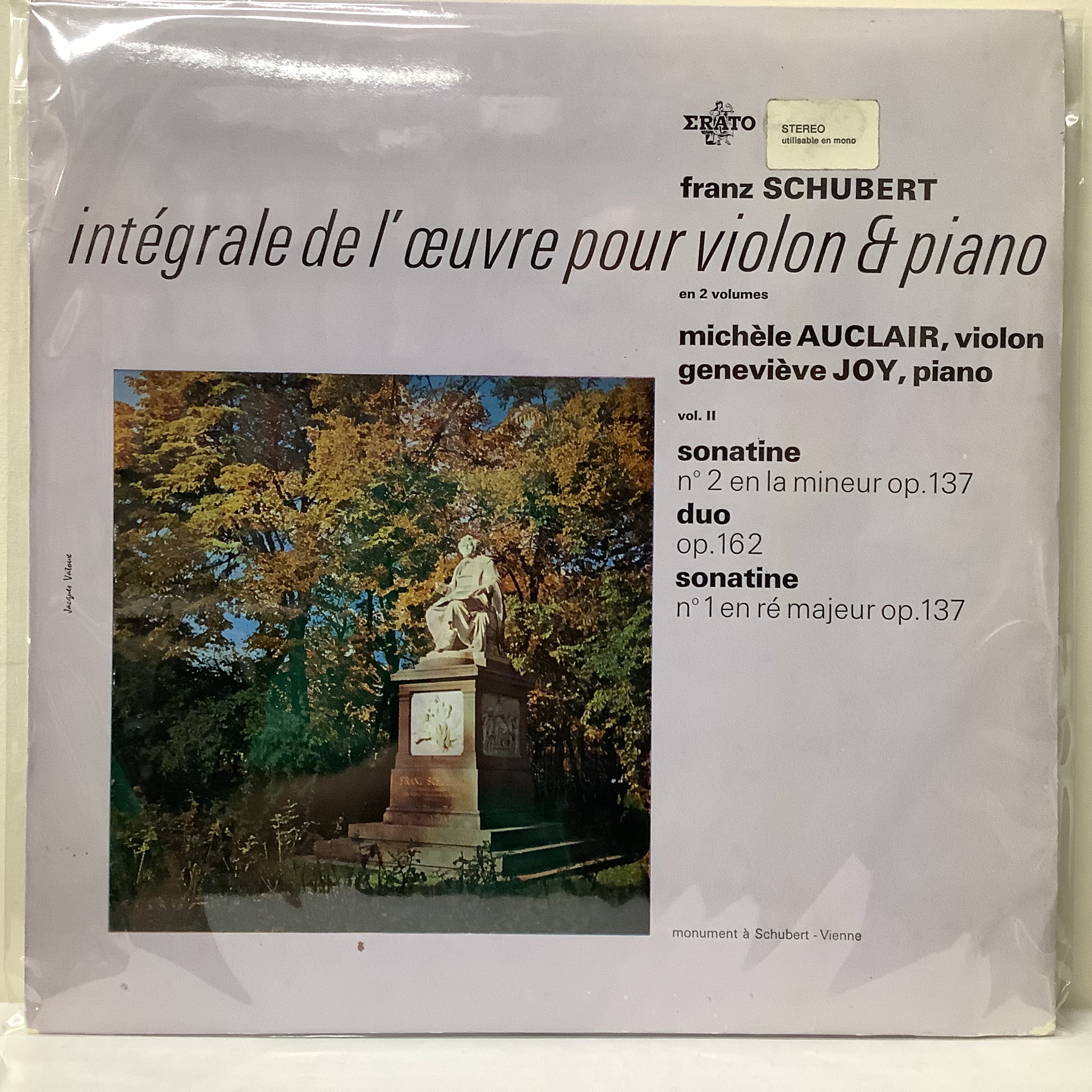Franz Schubert , Michèle Auclair, Geneviève Joy - Intégrale De L'œuvre Pour Violon & Piano En 2 Volumes Vol. II - Erato LP