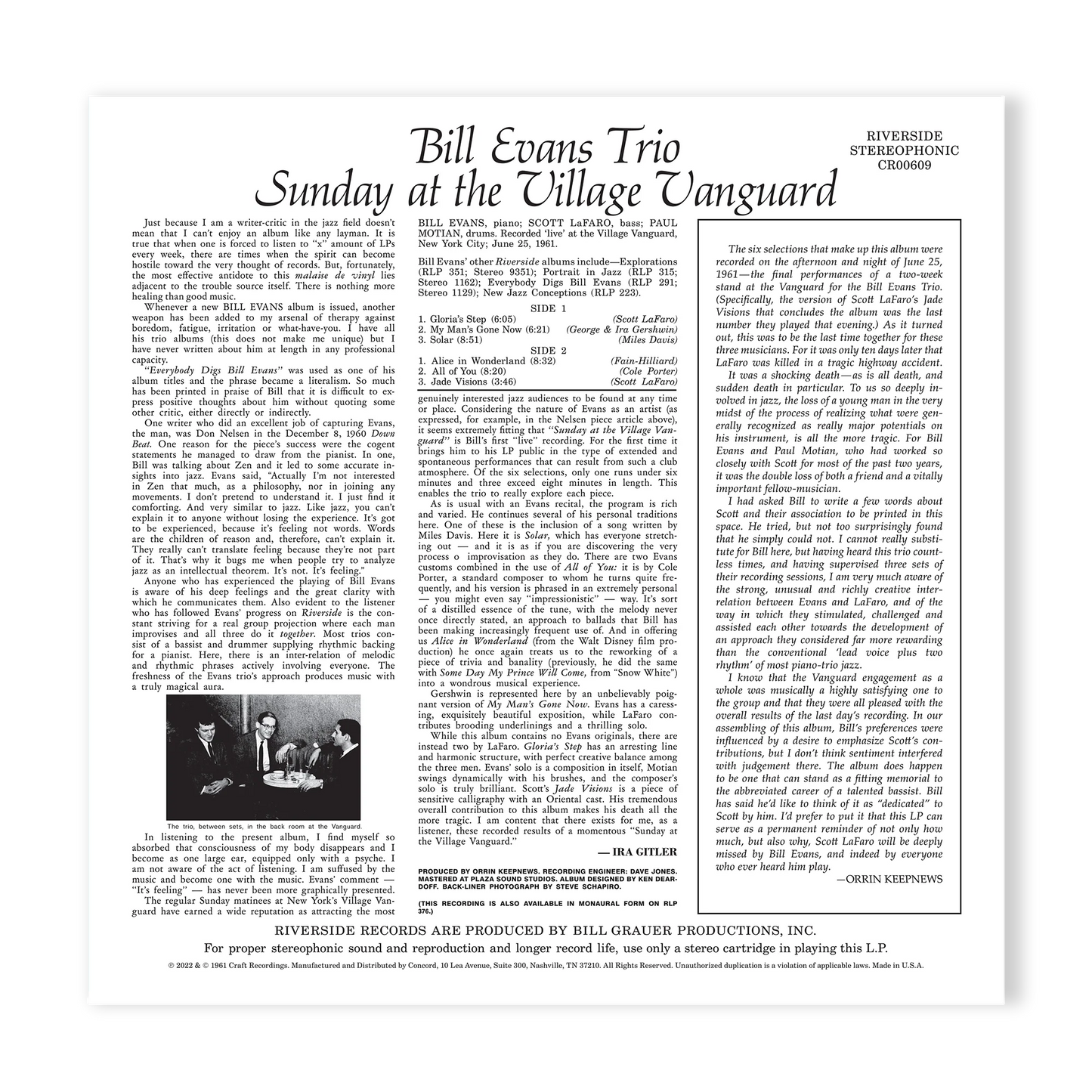 (Pre-pedido) Bill Evans Trio - Sunday at the Village Vanguard - OJC LP