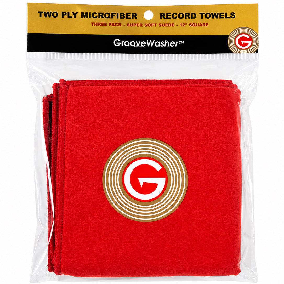 GrooveWasher two ply red suede and gray plush microfiber record cleaning towels, 3 pack