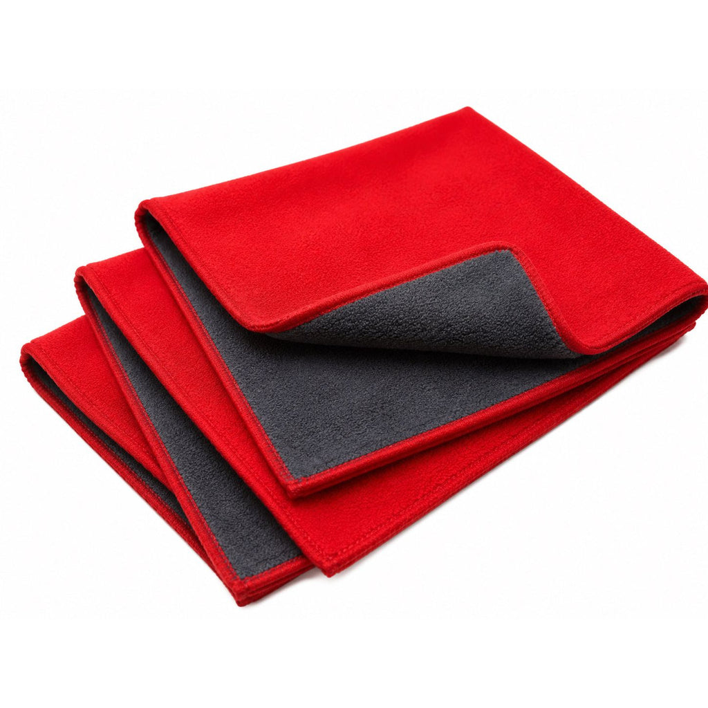 Three GrooveWasher red and gray two ply microfiber record cleaning towels fanned out