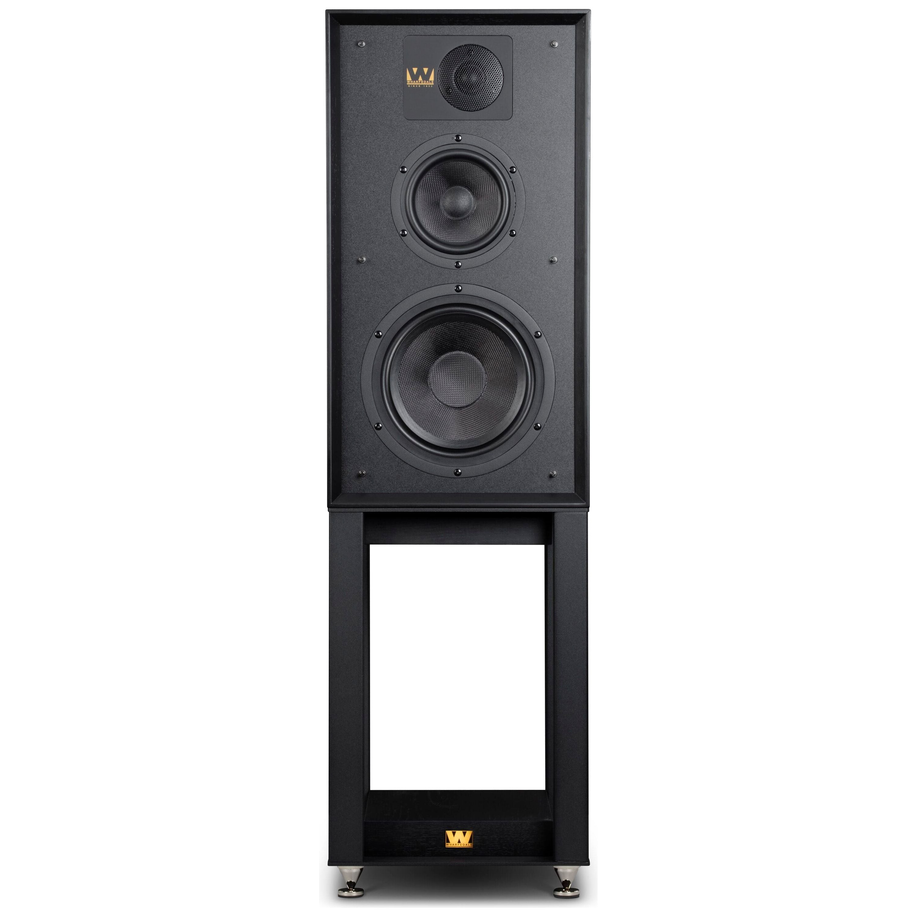 Wharfedale Linton 85th Anniversary speakers on matching stands, Black Oak
