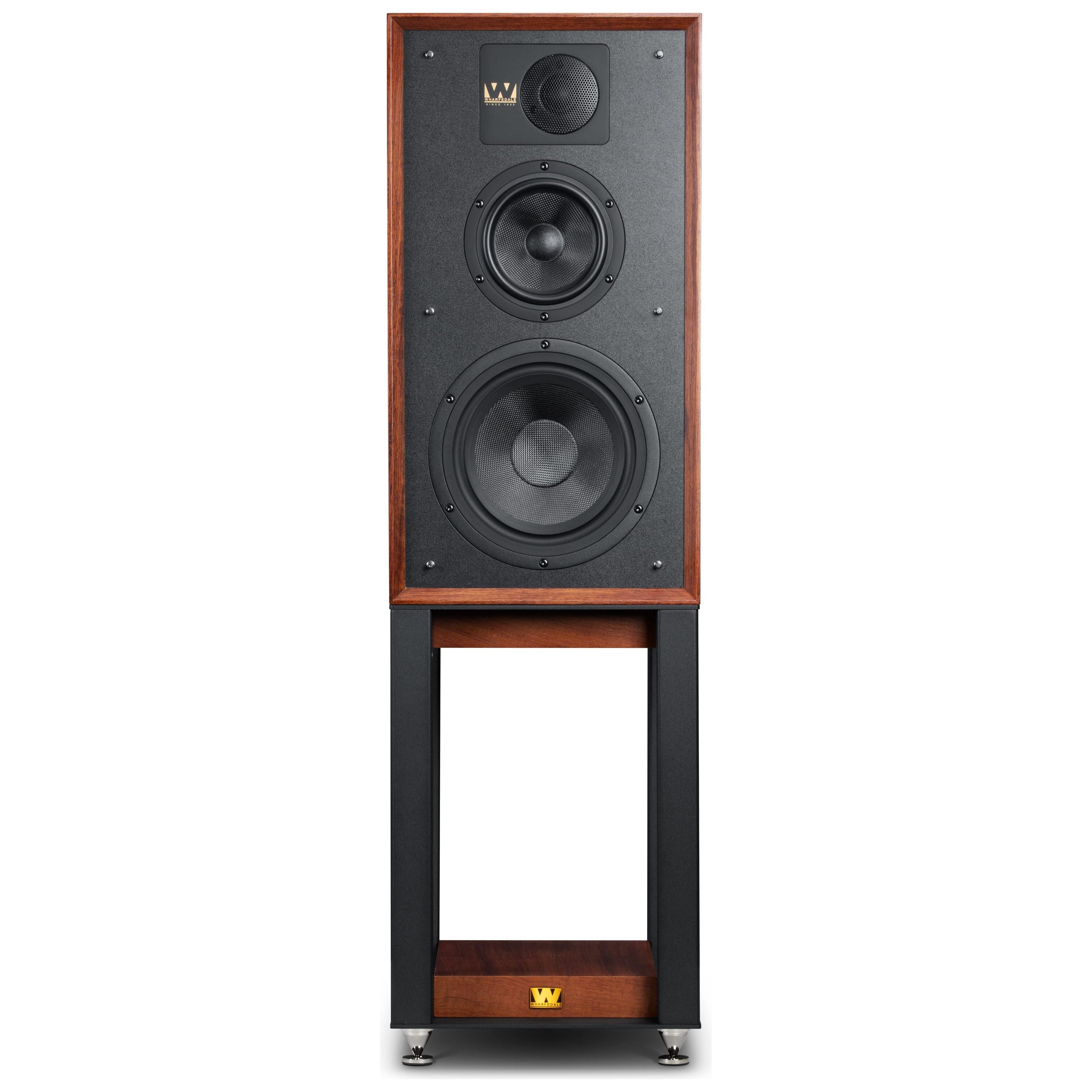 Wharfedale Linton 85th Anniversary speakers on matching stands, Red Mahogany