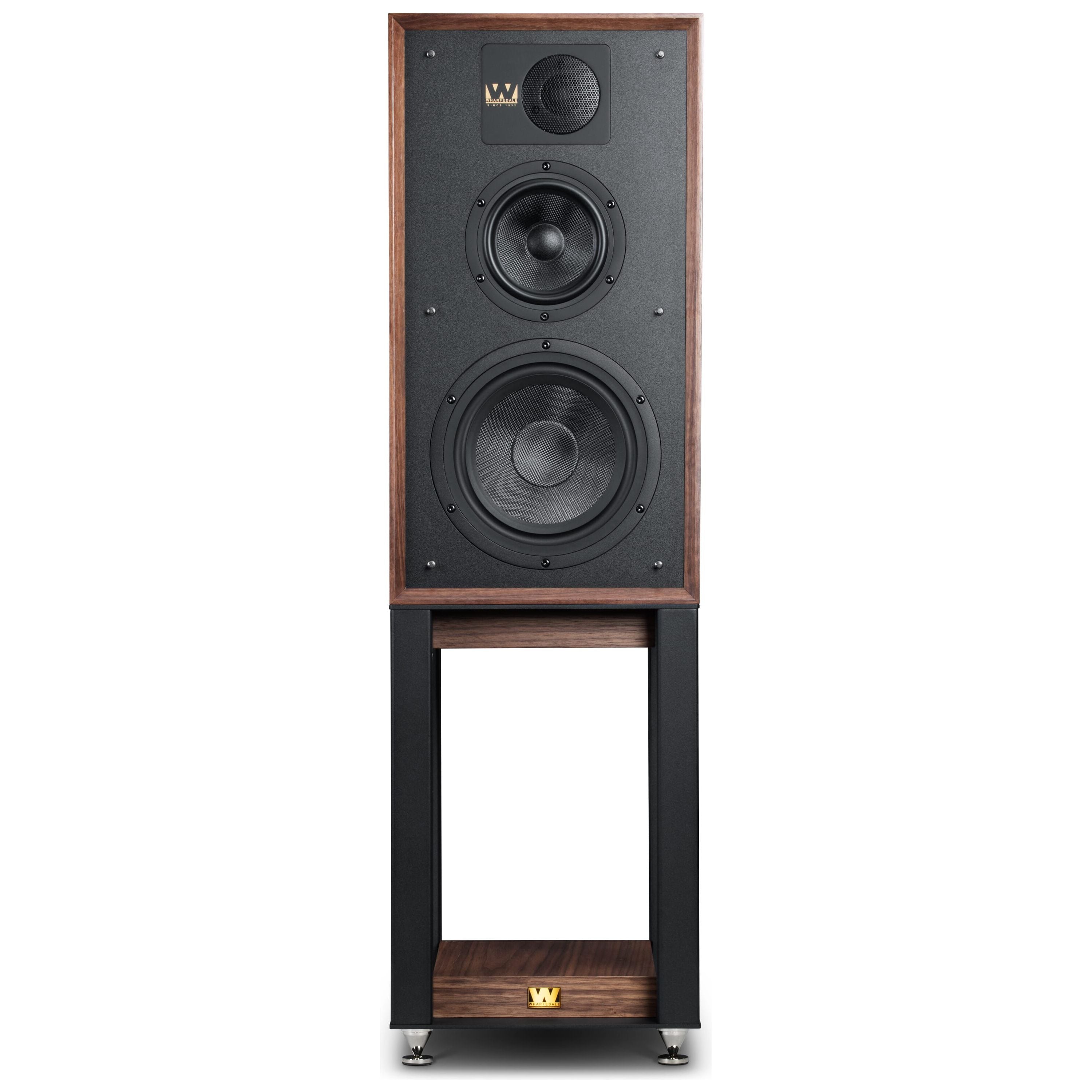 Wharfedale Linton 85th Anniversary speakers on matching stands, Satin Walnut