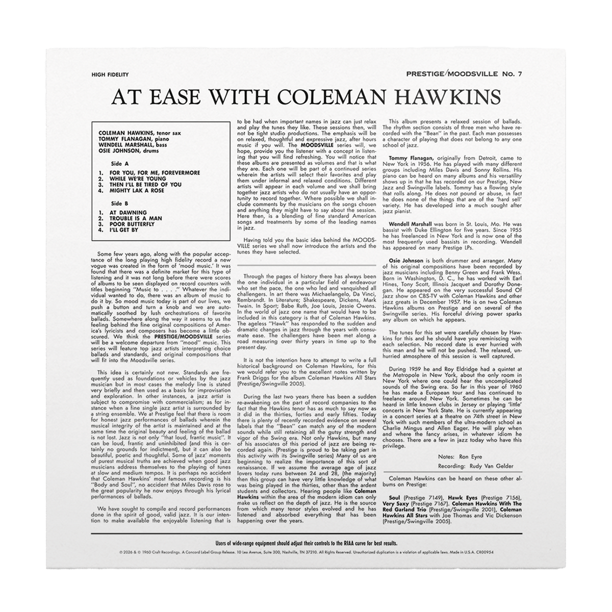 At Ease with Coleman Hawkins back cover