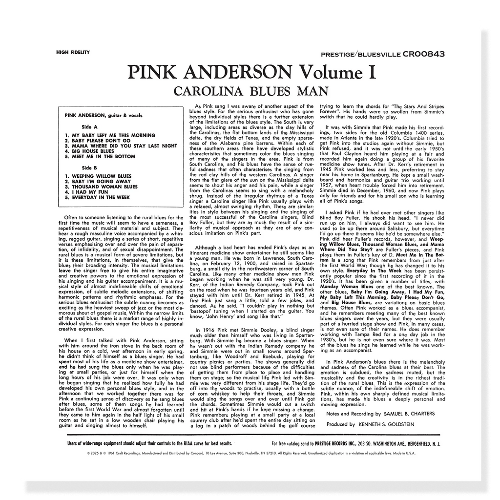 Pink Anderson - Volume 1: Carolina Blues Man - Bluesville Acoustic Sounds Series LP
