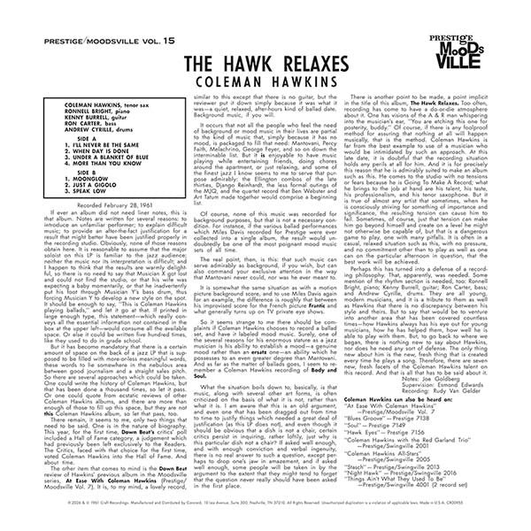 Coleman Hawkins - The Hawk Relaxes - back cover with liner notes and track listing