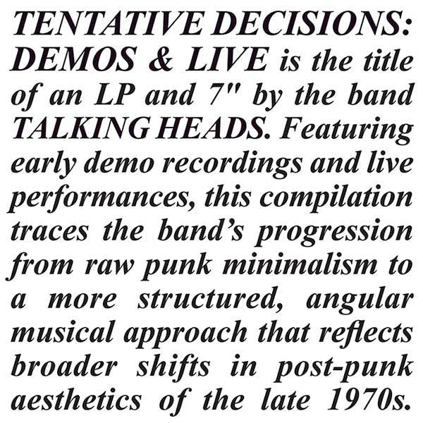 Talking Heads - Tentative Decisions: Demos & Live - LP + 7"