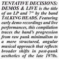 Talking Heads - Tentative Decisions: Demos & Live - LP + 7"