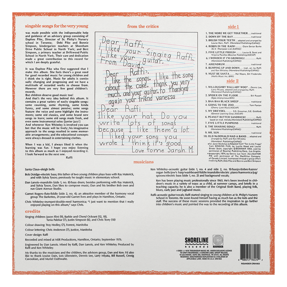 Raffi - Singable Songs for the Very Young back cover