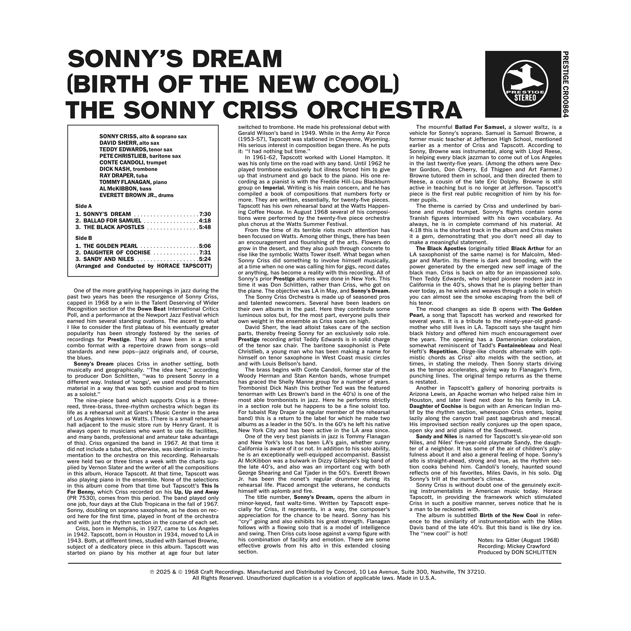 The Sonny Criss Orchestra - Sonny's Dream (Birth Of The New Cool) - OJC LP