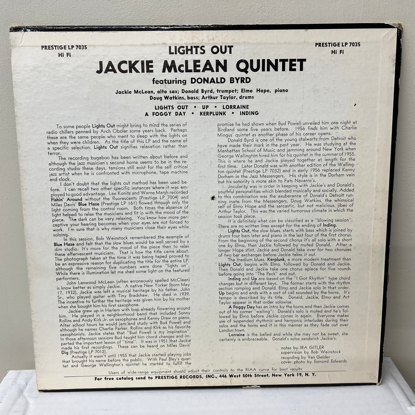 Das Jackie McLean Quintett mit Donald Byrd und Elmo Hope – Lights Out! - Prestige-LP