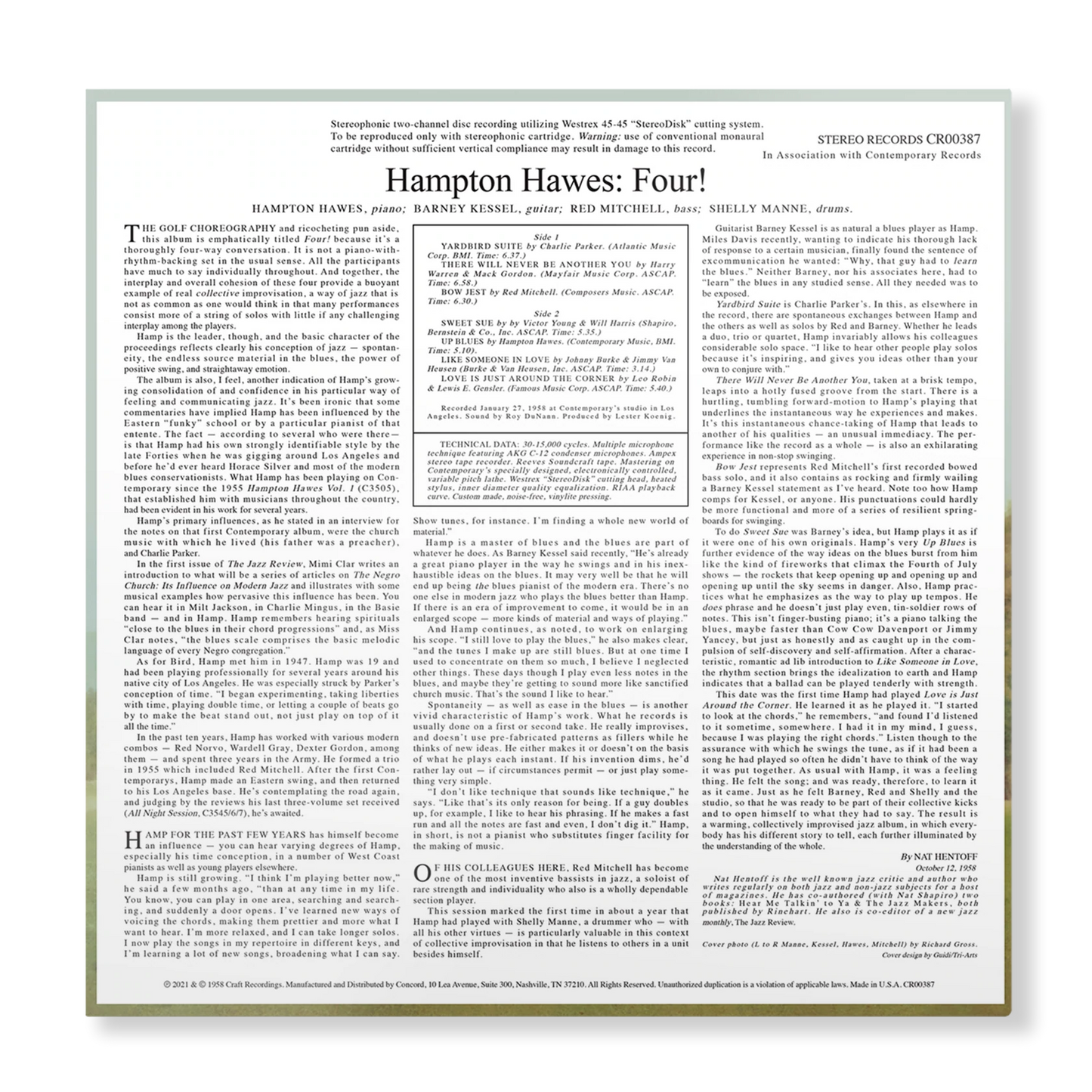 Hampton Hawes - ¡Cuatro! Con Barney Kessel, Shelly Manne y Red Mitchell - LP contemporáneo 