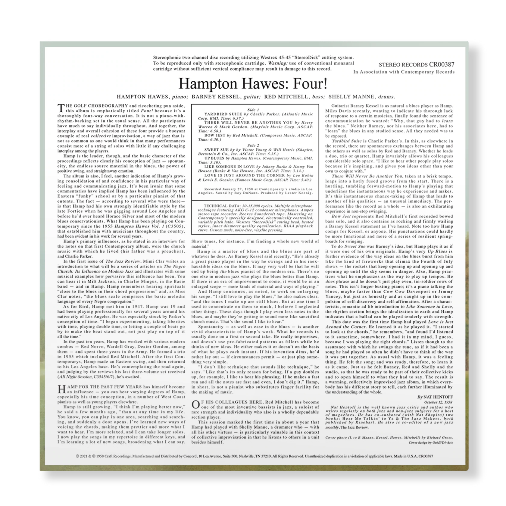 Hampton Hawes - Four! With Barney Kessel, Shelly Manne & Red Mitchell - Contemporary LP